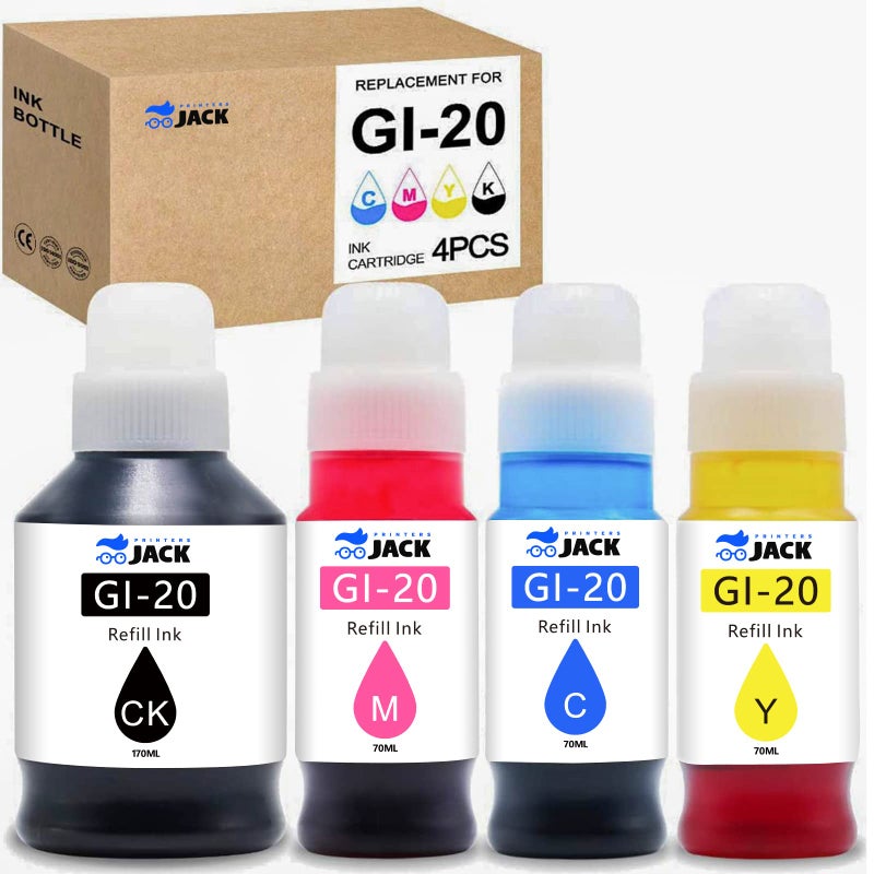 Printers Jack Compatible Canon GI-20 GI20 Refill Ink Bottles Kit for Canon PIXMA G5020 G6020 G7020 MegaTank Printers - Image 1